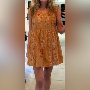 Savanna Jane Embroidered Boho Mini Dress Mustard Gold Floral Sleeveless Size S